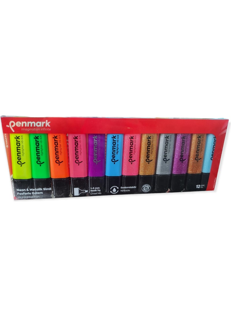 PENMARK - Highlighter Set Neon & Metallic Glitter 12 Pack - Image 1