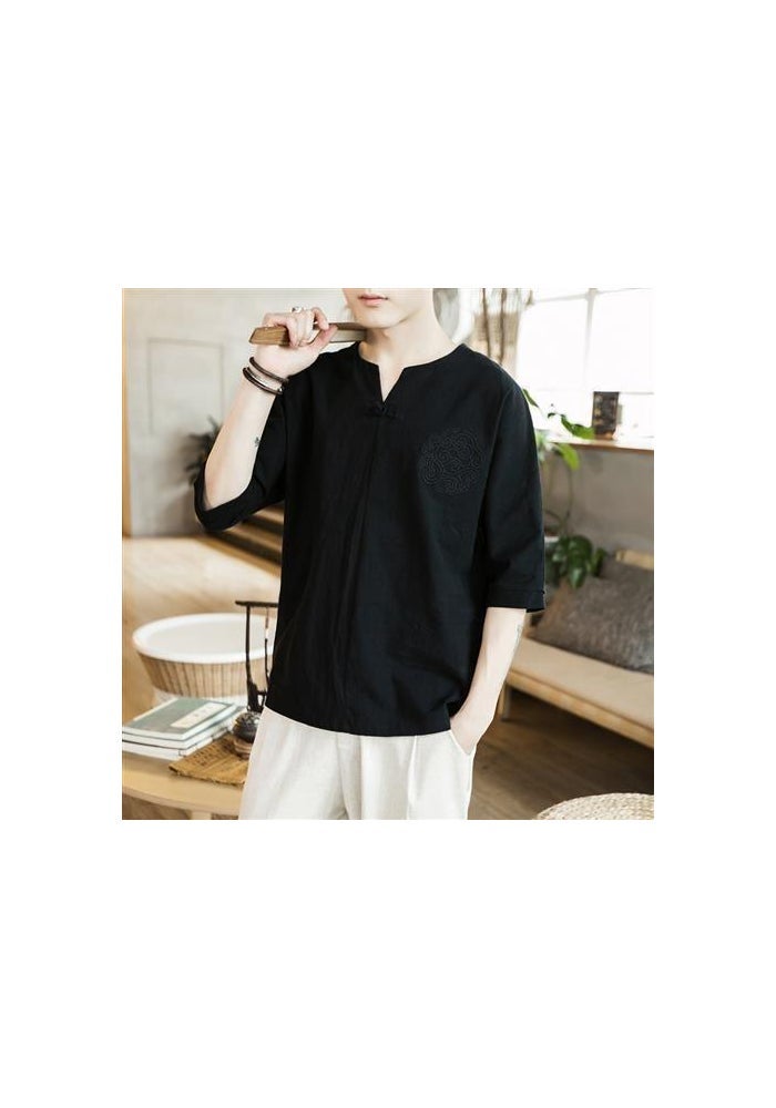Chinese Style T-shirt Men's Short-sleeved Half-sleeve Summer Men's Loose T-shirt Cotton and Linen Material Hanfu Embroidered Linen Half-sleeve Trendy - Image 1