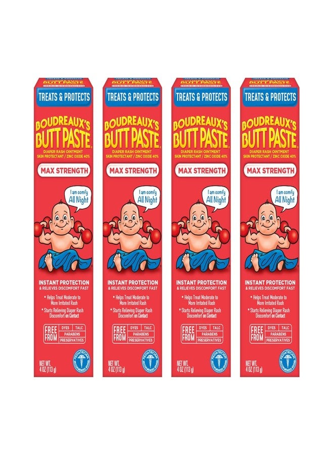 Boudreaux's Butt Paste Boudreaux’s Butt Paste Diaper Rash Ointment, Baby Rash Cream Skin Protectant, Fast Relief for Diaper Rash, Soothing Barrier Cream, Maximum Strength, 4 Ounce Tube (Pack of 4) - Image 1