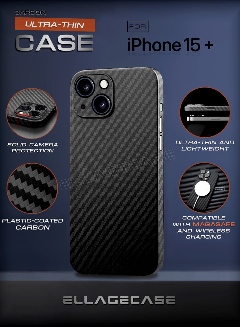 ELLAGECASE حافظة لجهاز iPhone 15 Plus، كربون أسود، حماية قوية للكاميرا، رقيقة وخفيفة الوزن، كربون مغطى بالبلاستيك، متوافقة مع ماغسيف والشحن اللاسلكي - Image 1