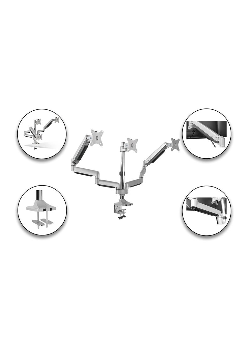 Skill Tech Skilltech SH100 C036 – Premium Triple Monitor Gas-Spring Arm for 17–30" Screens | Heavy-Duty Pole Mount | Full Motion +90°/–90° Tilt | 1–7kg per Screen | Max VESA 100×100 | Clamp & Grommet Installation – Space Grey - Image 2