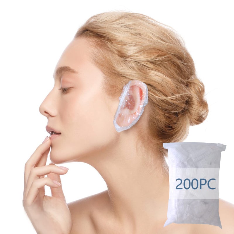 WOSHOP 200 Pack Shower BathingEar Covers Clear Disposable Ear Protectors Waterproof Ear Covers for Hair DyeWaterproof Plastic Ear Shower Caps