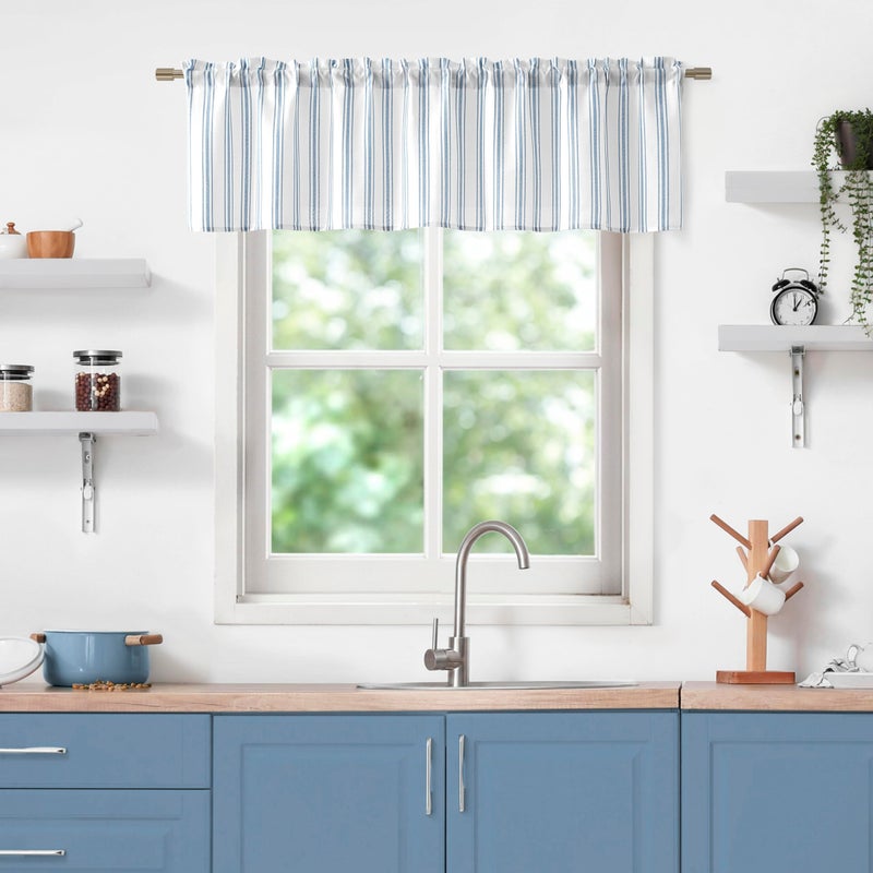ZJDECOR Cotton Blended Kitchen Curtain Valances for Window,Blue Vertical Stripes on White Light Filtering Cafe Curtain for Home Decor,Farmhouse Window Treatment,Rod Pocket,55" Wx15 L(Pack of 1) - Image 1