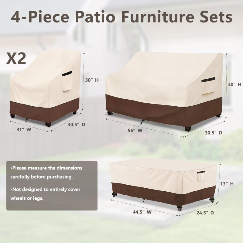 Rileytee Patio Furniture Set Covers, 4 Pcs 600D Heavy Duty 100% Waterproof Outdoor Furniture Cover, Fit Patio Loveseat, Chair and Coffee Table (Beige & Brown) - Image 2