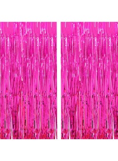 i-CHONY 2 Pcs 3.2ft x 8.2ft Shiny Hot Pink Metallic Tinsel Foil Fringe Curtains Photo Booth Backdrop for Birthday Wedding Holiday Celebration Bachelorette Party Decorations (Hot Pink)  - Image 1