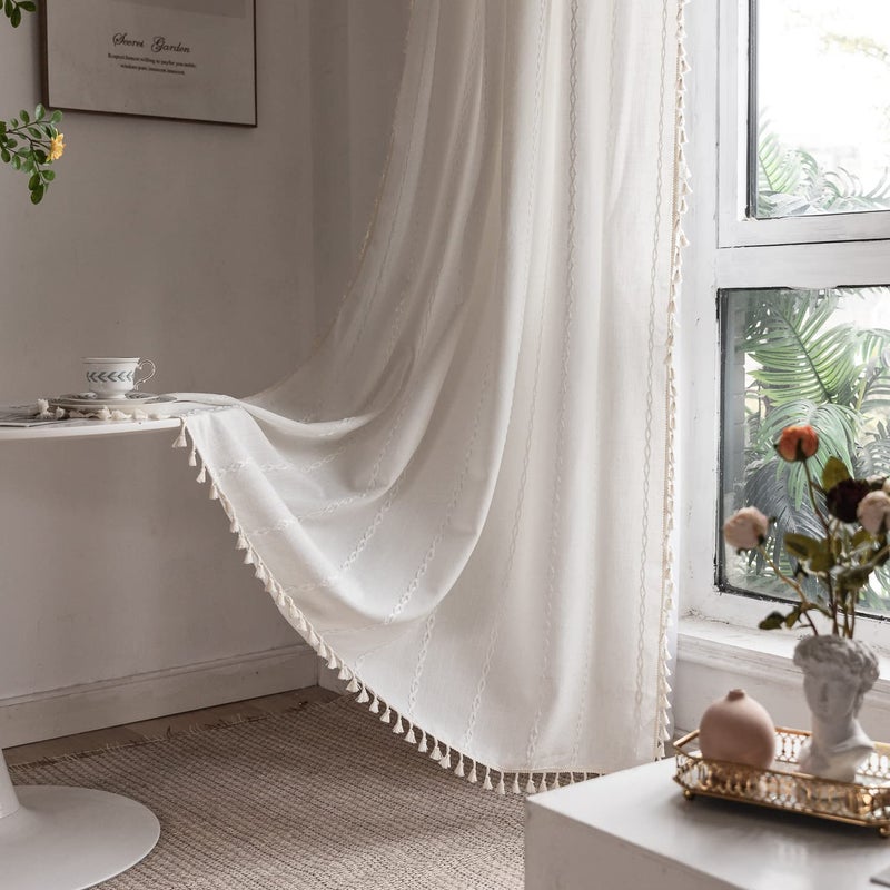 BCLBUSTE Boho Embroidery Linen Curtains 108 Inches Long for Living Room, 2 Panels Set, Cream Off White Light Filtering Farmhouse Draperies for Bedroom, Rod Pocket, 52" W x 108" L - Image 2