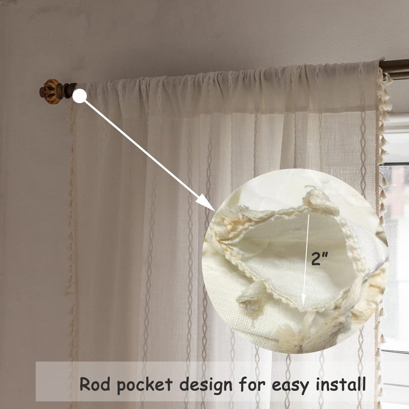 BCLBUSTE Boho Embroidery Linen Curtains 108 Inches Long for Living Room, 2 Panels Set, Cream Off White Light Filtering Farmhouse Draperies for Bedroom, Rod Pocket, 52" W x 108" L - Image 5