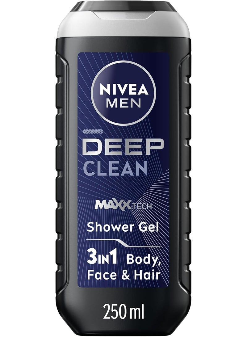NIVEA MEN 3in1 Shower Gel Body Wash, Cleansing DEEP Micro-Fine Clay, Woody Scent, 250ml, packaging may vary