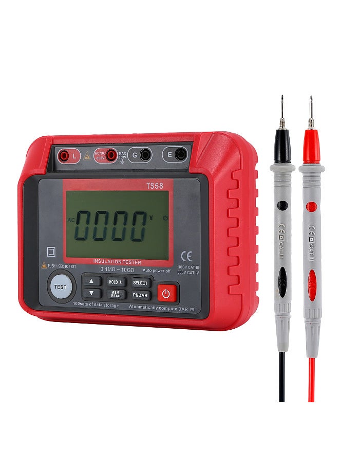 Generic TS58 Digital Insulation Resistance Tester 0.1MΩ-10GΩ Megohmmeter with LCD Backlit Display AC DC 10-600V Maximum 2000 Counts DAR PI Index Insulated Resistance Meter Kit with Zipper Bag  - Image 1