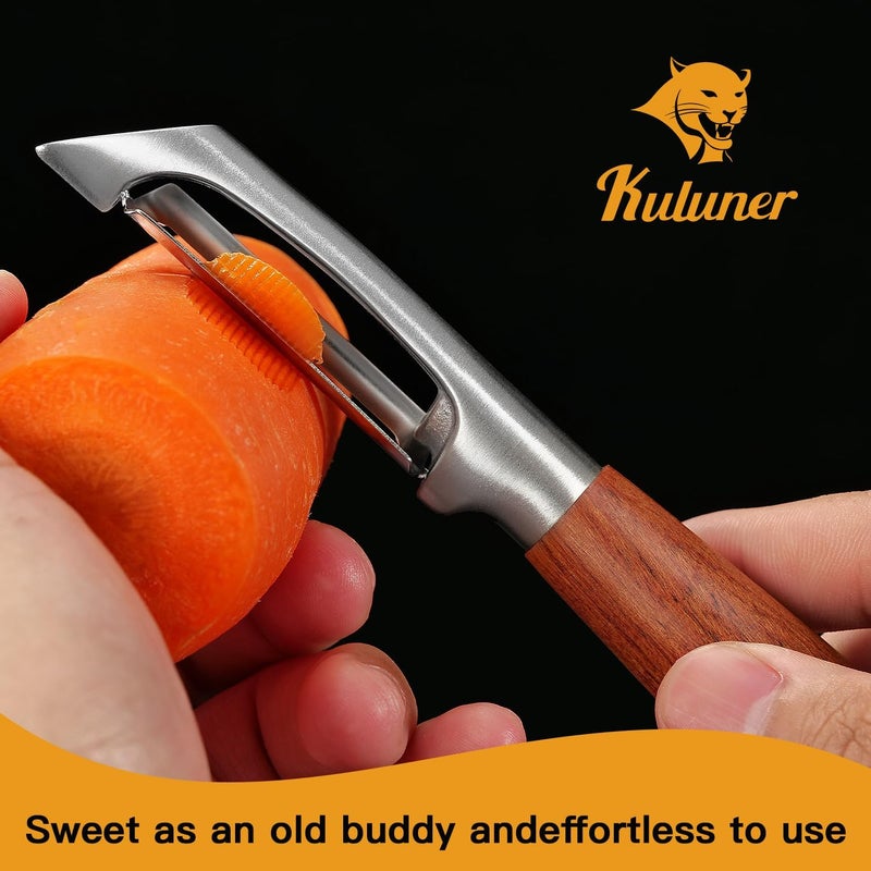KULUNER KU LUNER Premium 304 Stainless Steel Multifunctional Kitchen Fruit and Vegetable Peeler with Real Wood Handle，Ultra Sharp Strong Blade - Image 2