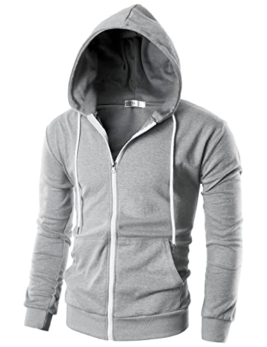 Ohoo Men's Zip Up Hoodie Lightweight Slim Fit Sweatshirt Full Zip Hooded Jacket / DCF002-GREY-M - Image 1