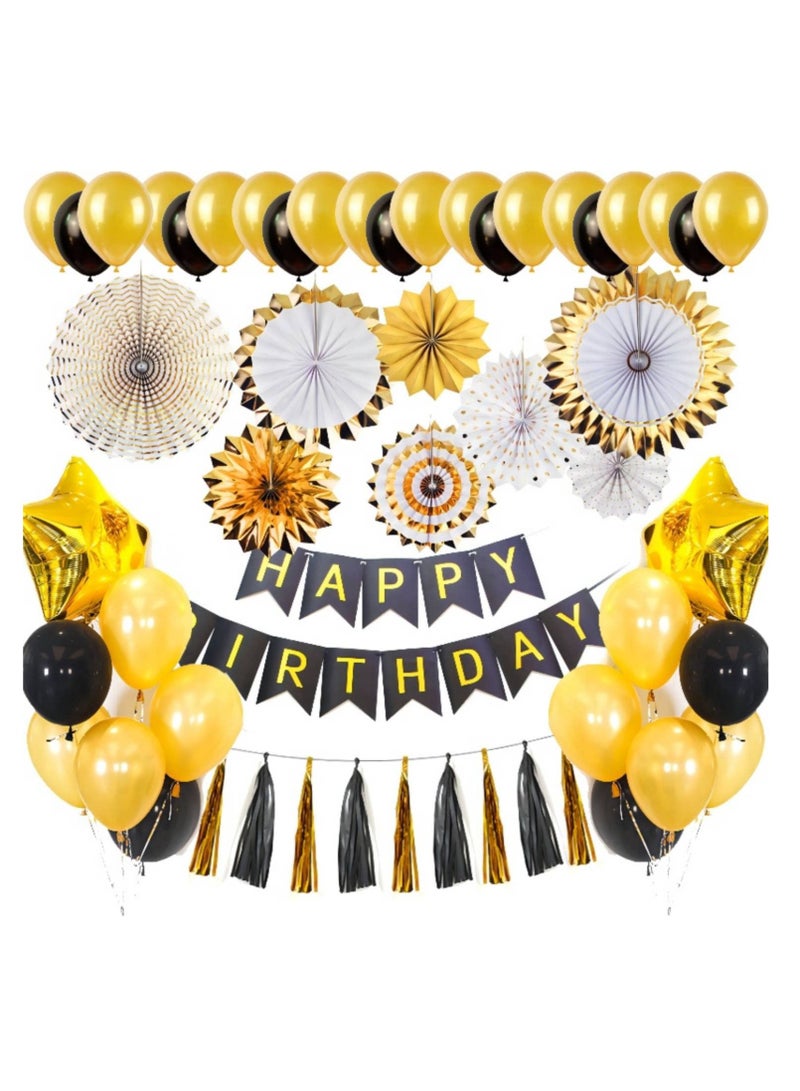 Arabest زهرة مروحة ورقية 8 قطع زينة حفلة عيد ميلاد باللون الأسود والذهبي/الوردي الذهبي باللون اللامع علم سحب مروحة ورقية باللون الوردي الذهبي (أسود وذهبي) - Image 1