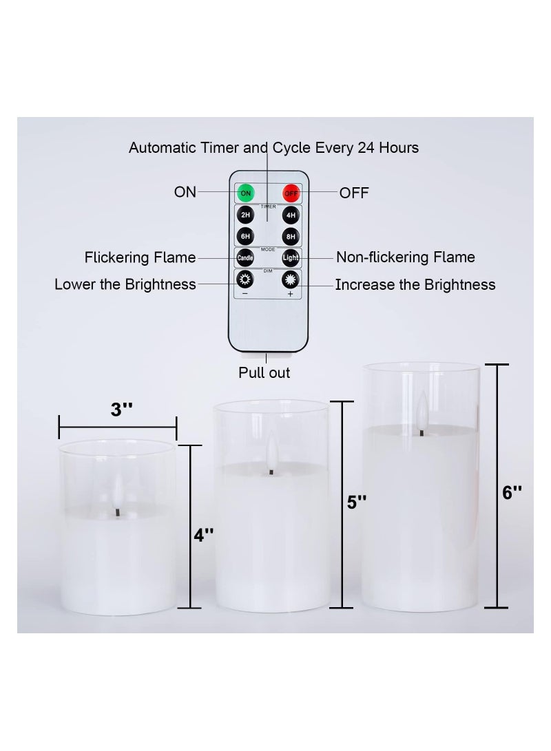 LED Flameless Candles Set - Clear Glass with Timer & Remote Control, Real Wax Pillar Candles in Pure White, Warm Flickering Light for Home Decor (3PCS, D3 H4 5" 6") - Image 3