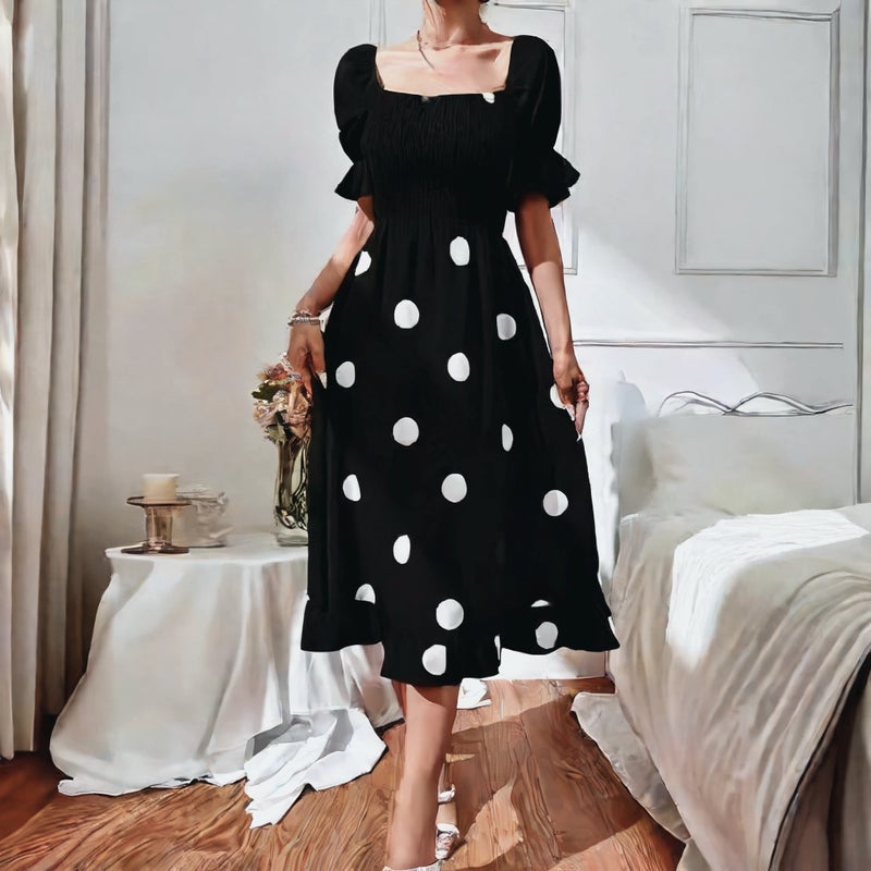 Round Dot Ruffle Hem Fitted Short Sleeve Dress - Image 1