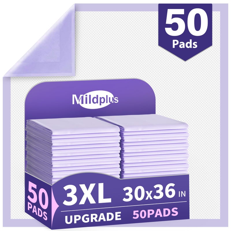 MILDPLUS 110 Grams Heavy Duty Bed Pads 30''X36'', 50 Count MILDPLUS Purple Disposable Underpads with Anti-Slip Film, Extra Large Chucks Pads, 3X Thicker Incontinence Pads for Adults, Kids or Pet - Image 1