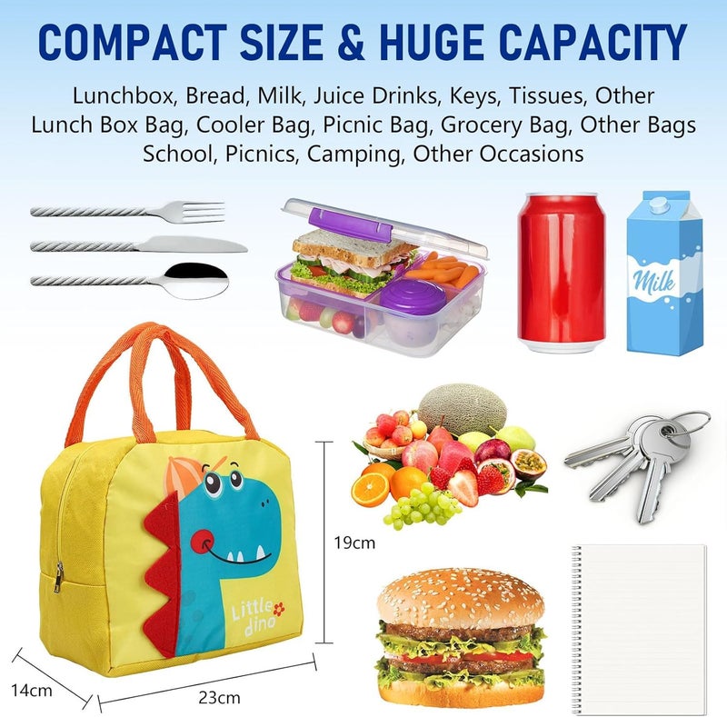 Flywind Kids Lunch Bag for Girls Boys Students | Small Foldable Waterproof Lunch Box for Travel Picnic School | Reusable Cartoon Insulated Lunchbag (Yellow Dinosaur) - Image 2