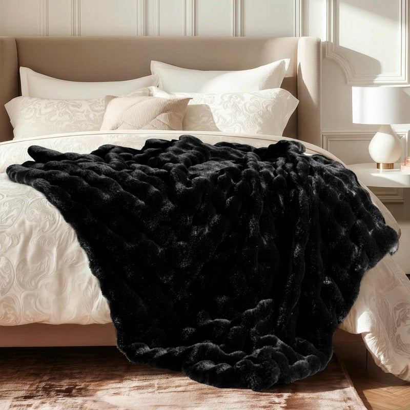 blunique Ultra Soft Cozy Faux Fur Throw Blanket, Fuzzy Plush Thick Bubble Blanket, Oversize Luxury Fluffy Blanket for Couch, Bed, and Living Room, 60x80 Inches, Black - Image 1