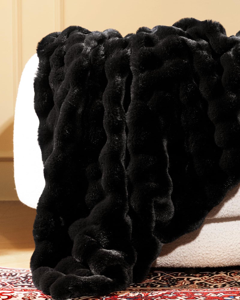 blunique Ultra Soft Cozy Faux Fur Throw Blanket, Fuzzy Plush Thick Bubble Blanket, Oversize Luxury Fluffy Blanket for Couch, Bed, and Living Room, 60x80 Inches, Black - Image 2