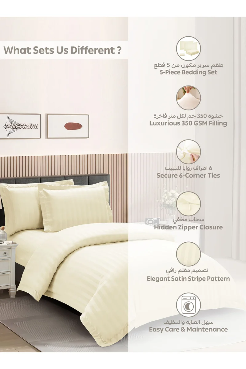 Donetella Striped Comforter Set, Single Size (170x230 cm), 5-Piece Hotel Bedding with 350 GSM Filling – Comforter, Comforter Cover, Fitted Sheet, Pillowshams.