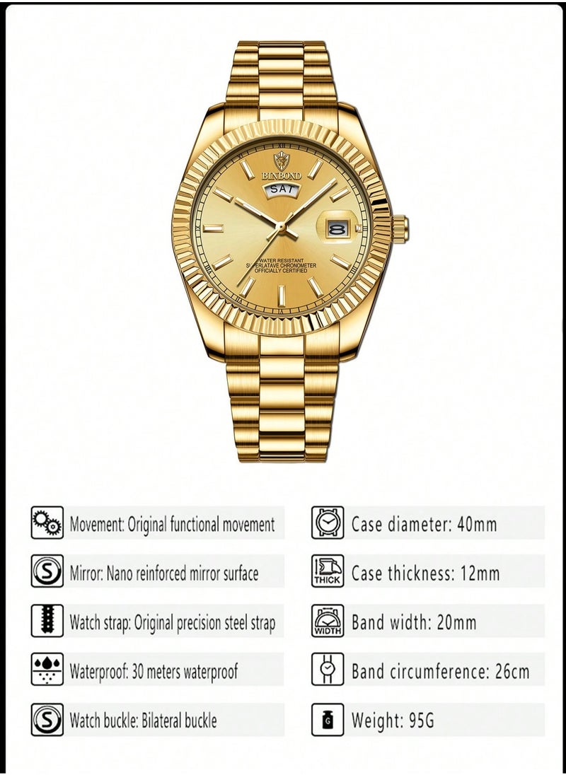 BINBOND BINBOND Men Quartz Watch Waterproof Date Week Male Clock Stainless Steel Business Wristwatch Male  - Image 4