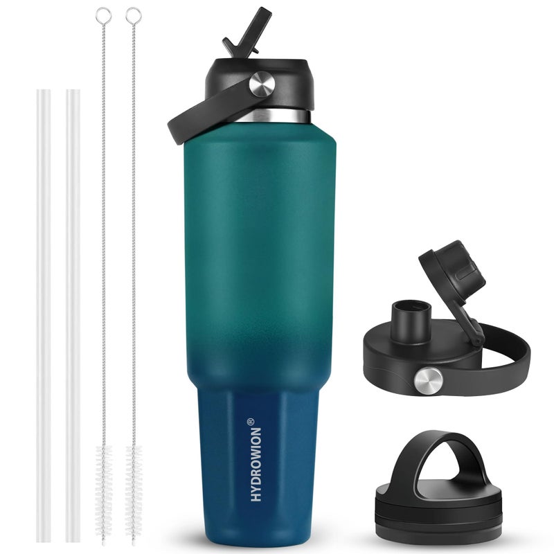 HYDROWION 40 oz Insulated Water Bottle, Car Water Bottle Holder - Double Wall Vacuum Insulated Travel Bottle with Straw Lid, Spout Lid and Flex Cap - Cold for 24H, Hot for 12H, Blue - Lake Green - Image 1