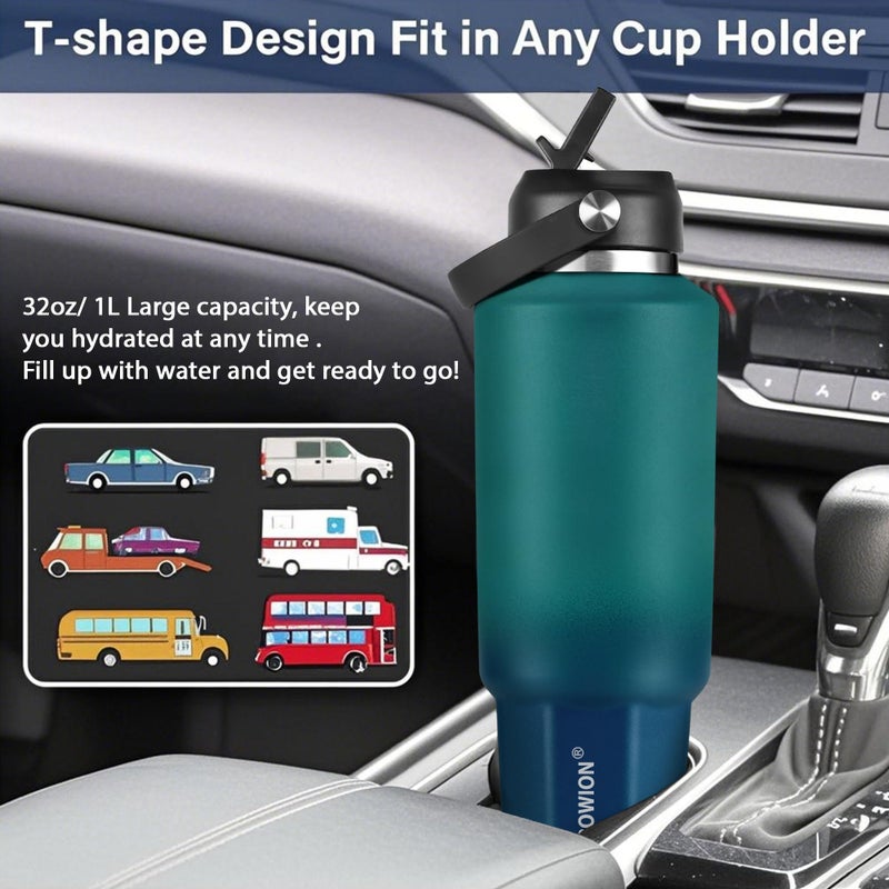 HYDROWION 40 oz Insulated Water Bottle, Car Water Bottle Holder - Double Wall Vacuum Insulated Travel Bottle with Straw Lid, Spout Lid and Flex Cap - Cold for 24H, Hot for 12H, Blue - Lake Green - Image 2