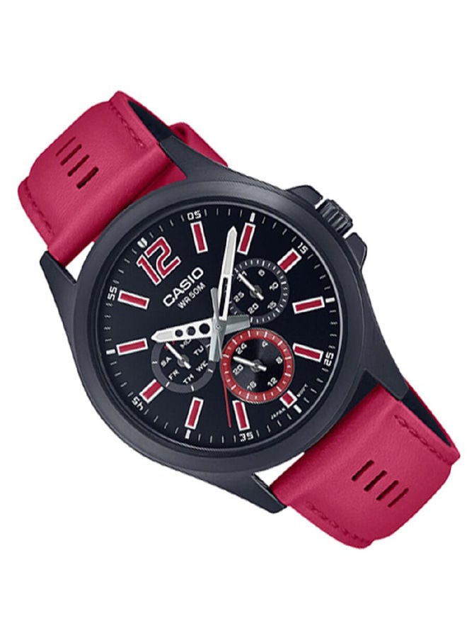 CASIO ساعة رجالية أنالوج بعقارب متعددة ومينا سوداء وبسوار جلد طبيعي وهيكل مطلي بالأيون الأسود MTP-E350BL-1BVDF - Image 2