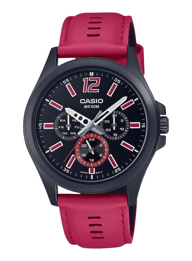 CASIO ساعة رجالية أنالوج بعقارب متعددة ومينا سوداء وبسوار جلد طبيعي وهيكل مطلي بالأيون الأسود MTP-E350BL-1BVDF - Image 1