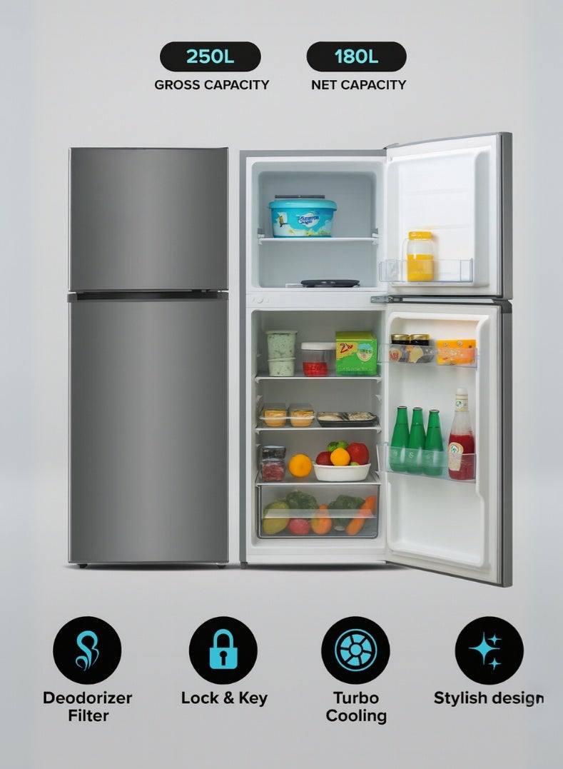 Venus 250L Double Door Refrigerator | No Frost, Stainless Steel Finish, Multi Cooling System, Tempered Glass Shelves, R600a Eco-Friendly Gas - Image 3