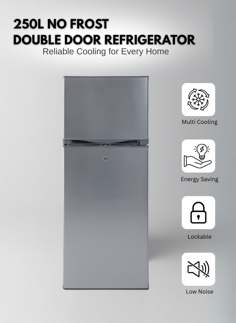 Venus 250L Double Door Refrigerator | No Frost, Stainless Steel Finish, Multi Cooling System, Tempered Glass Shelves, R600a Eco-Friendly Gas - Image 1