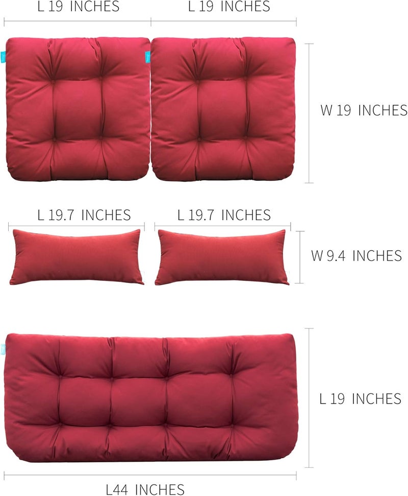 QILLOWAY Outdoor Patio Wicker Seat Cushions Group Loveseat/Two U-Shape/Two Lumbar Pillows for Patio Furniture,Wicker Loveseat,Bench,Porch,All Weather, Settee of 5 (RED) - Image 2