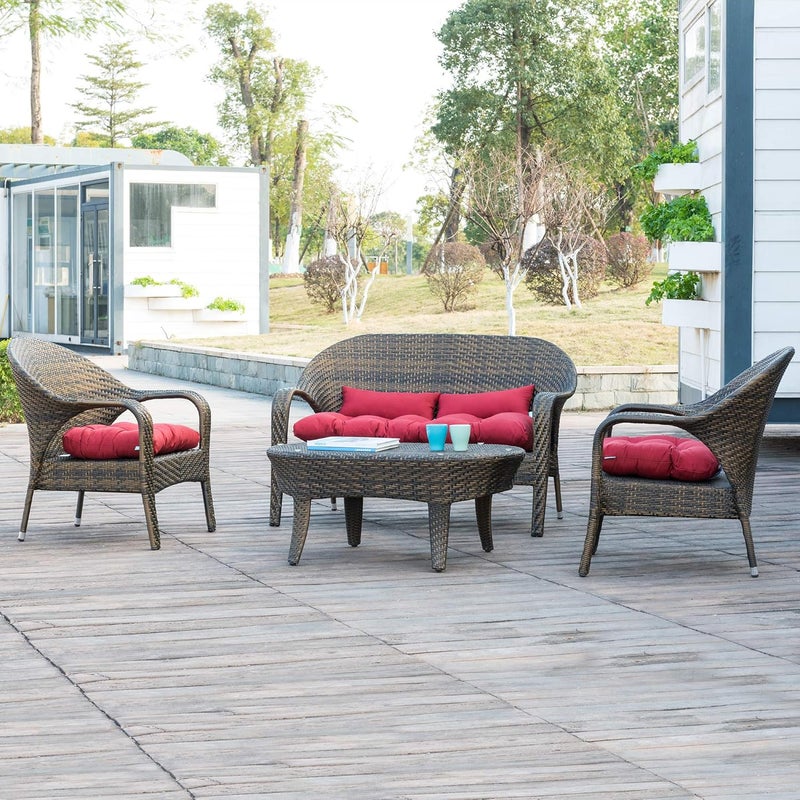 QILLOWAY Outdoor Patio Wicker Seat Cushions Group Loveseat/Two U-Shape/Two Lumbar Pillows for Patio Furniture,Wicker Loveseat,Bench,Porch,All Weather, Settee of 5 (RED) - Image 5
