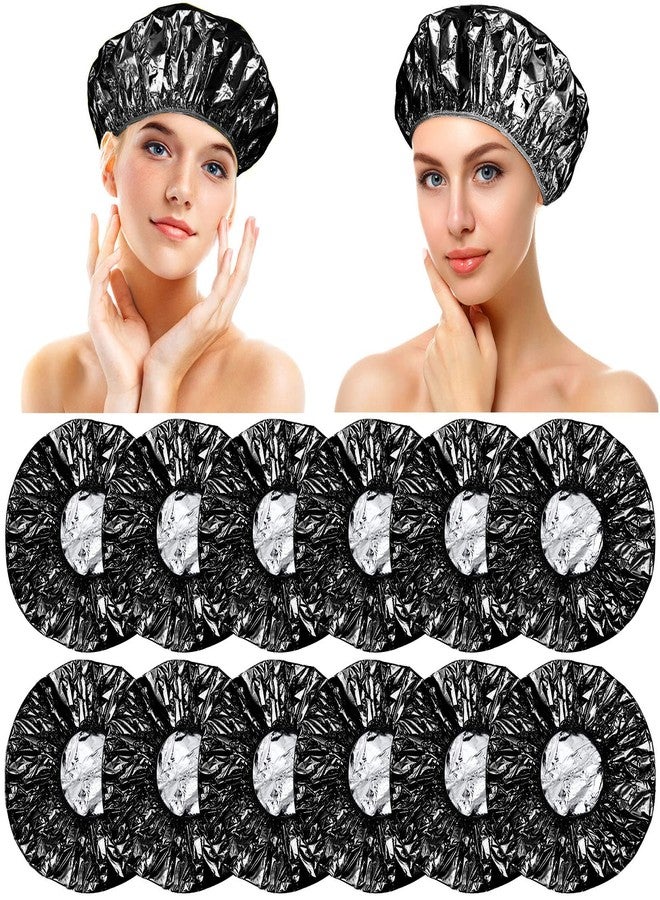 WILLBOND 12 Pieces Deep Conditioning Caps Aluminum Foil Reusable Hair Processing Hair Coloring Shower Caps for Home Salon Use(12 Inch,Black) - Image 1