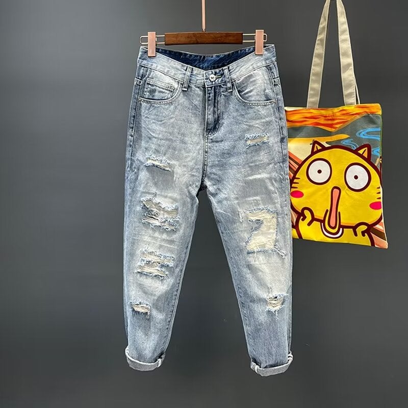 Beggar Patch Ripped Jeans Mens Fashion Brand Spring and Summer 2024 New Arrival Cropped Pants Loose Straight Harem Pants Blue 
