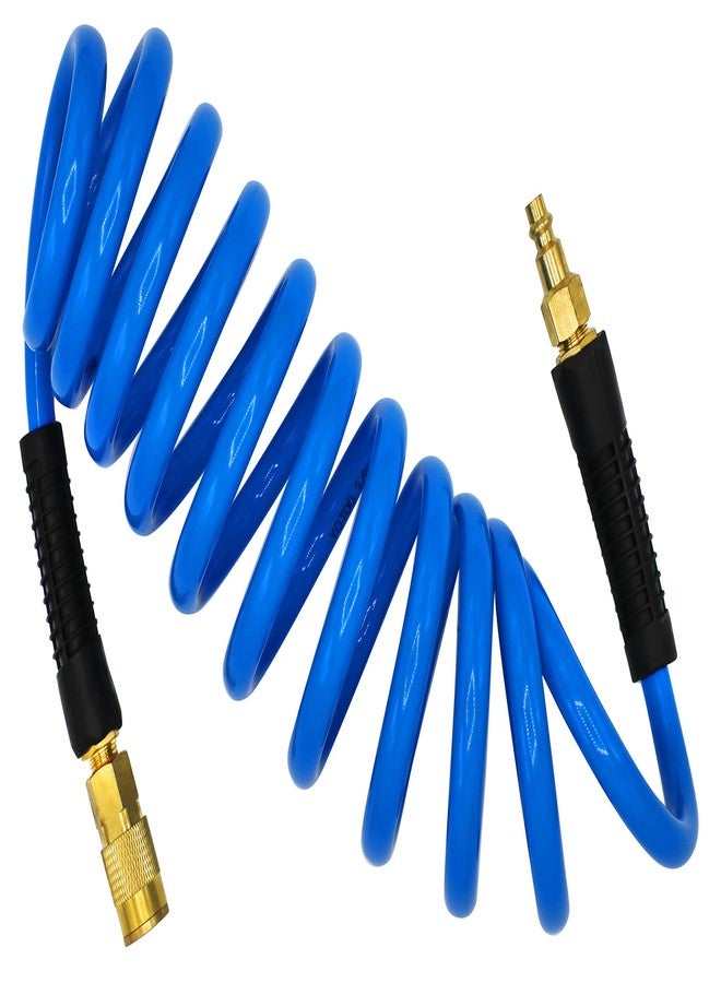 YOTOO Polyurethane Recoil Air Hose 3/8" Inner Diameter by 10' Long with Bend Restrictor, Repairable 1/4" Industrial Quick Coupler and Plug, Blue - Image 1