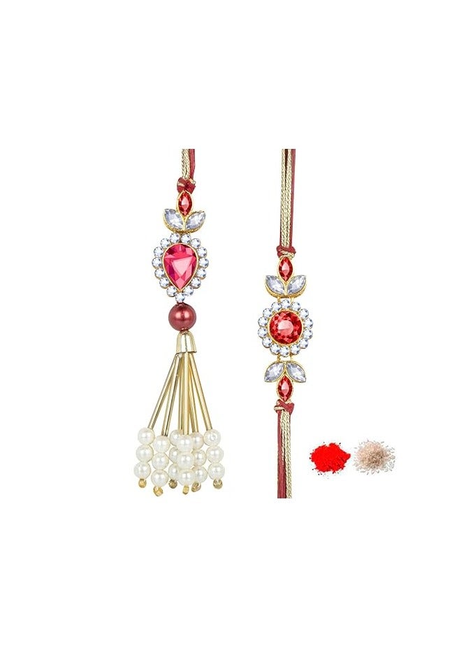 Kaameri Bazaar Bhaiya Bhabhi Rakhis Set with Roli Chawal Pack and greeting card - Rakhi for brother and bhabhi - Lumba Rakhi for Bhabhi rakhi set of 2 - Image 1