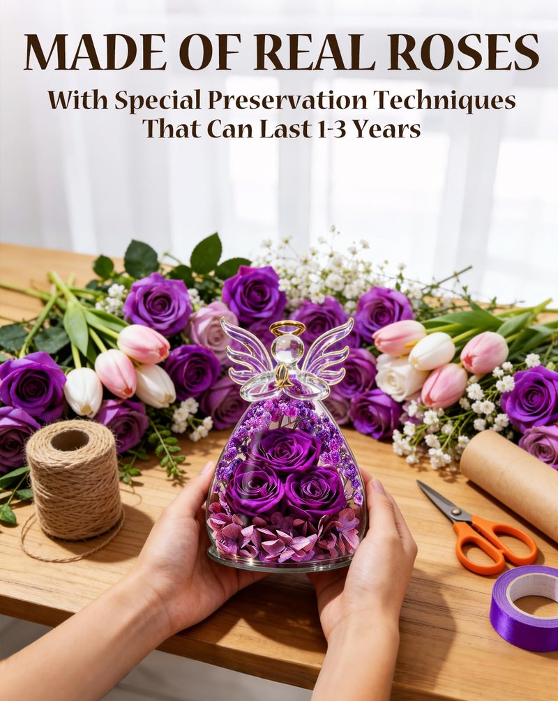 homeasy Valentines Roses Gifts for Women Birthday, Preserved Flowers Rose in Glass Angel Figurines, Forever Fresh Flowers for Delivery Gift Box for Wife Mom Her Grandma from Daughter - Image 5