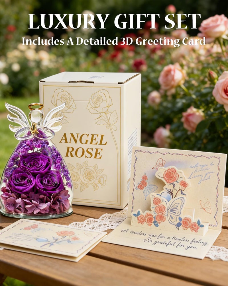 homeasy Valentines Roses Gifts for Women Birthday, Preserved Flowers Rose in Glass Angel Figurines, Forever Fresh Flowers for Delivery Gift Box for Wife Mom Her Grandma from Daughter - Image 2