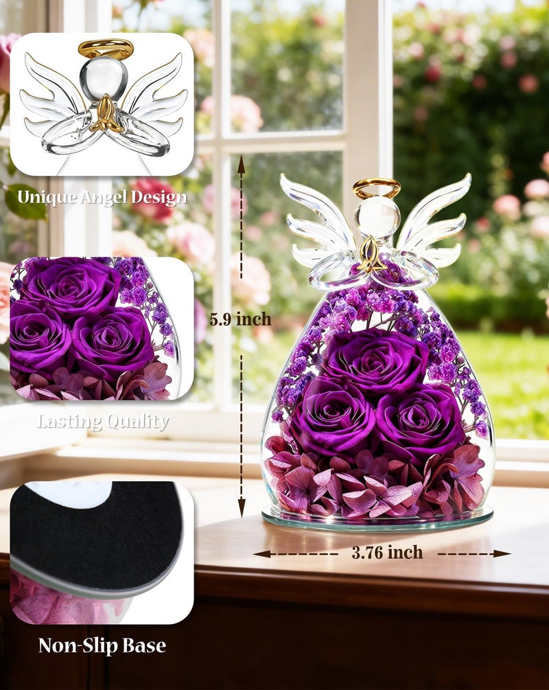 homeasy Valentines Roses Gifts for Women Birthday, Preserved Flowers Rose in Glass Angel Figurines, Forever Fresh Flowers for Delivery Gift Box for Wife Mom Her Grandma from Daughter - Image 3
