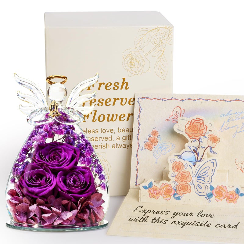 homeasy Valentines Roses Gifts for Women Birthday, Preserved Flowers Rose in Glass Angel Figurines, Forever Fresh Flowers for Delivery Gift Box for Wife Mom Her Grandma from Daughter - Image 1
