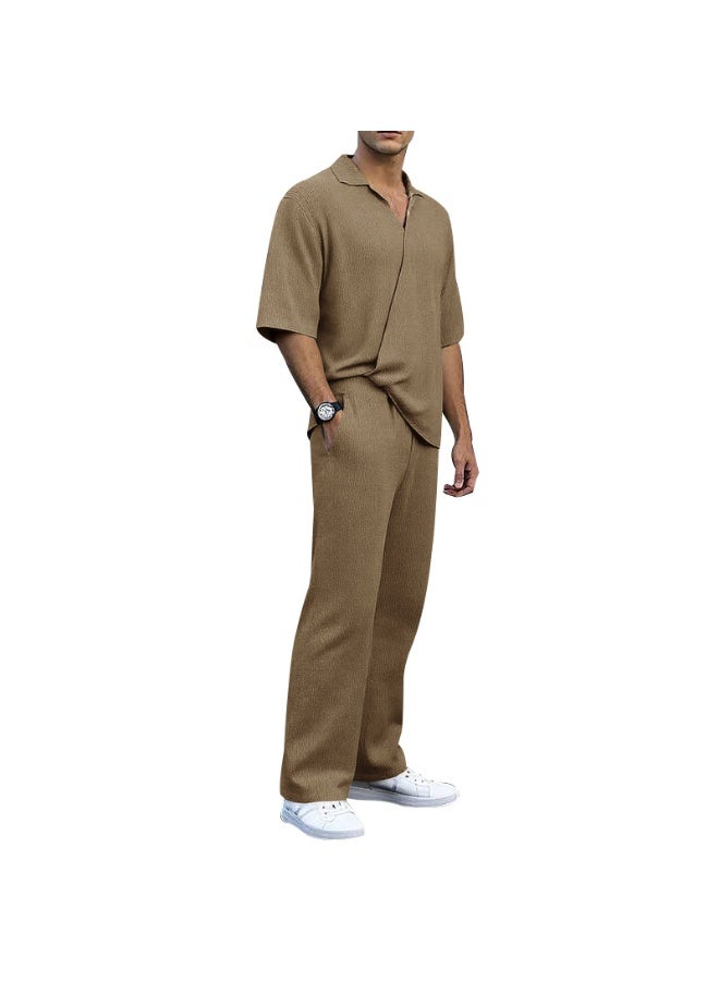 Men's Summer Sportswear Set Casual Pure Color Short Sleeve Long Pants Two-Piece Suit Lightweight Comfortable - Image 1