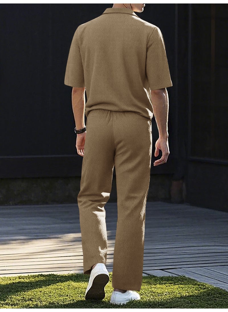Men's Summer Sportswear Set Casual Pure Color Short Sleeve Long Pants Two-Piece Suit Lightweight Comfortable - Image 3