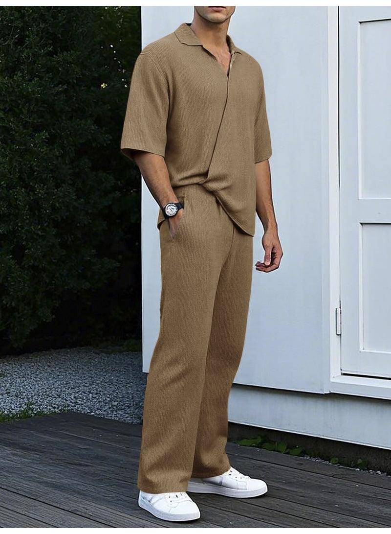 Men's Summer Sportswear Set Casual Pure Color Short Sleeve Long Pants Two-Piece Suit Lightweight Comfortable - Image 2