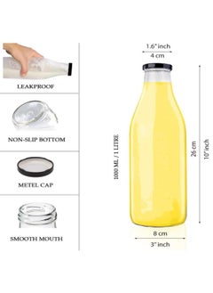 FUFU 6 pack 1L Glass Bottles, Clear Glass Milk Bottles with Black Lids, Shake Container,  Drinking Bottles with  - Image 2