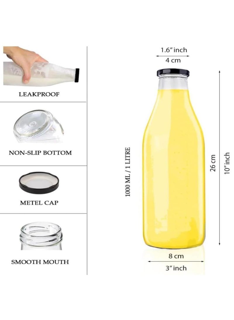FUFU 6 pack 1L Glass Bottles, Clear Glass Milk Bottles with Black Lids, Shake Container,  Drinking Bottles with  - Image 2
