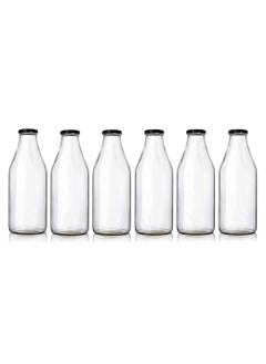 FUFU 6 pack 1L Glass Bottles, Clear Glass Milk Bottles with Black Lids, Shake Container,  Drinking Bottles with  - Image 1