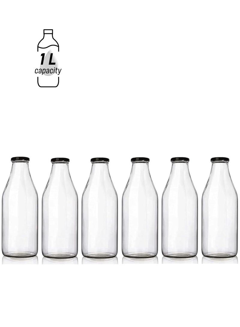 FUFU 6 pack 1L Glass Bottles, Clear Glass Milk Bottles with Black Lids, Shake Container,  Drinking Bottles with  - Image 1
