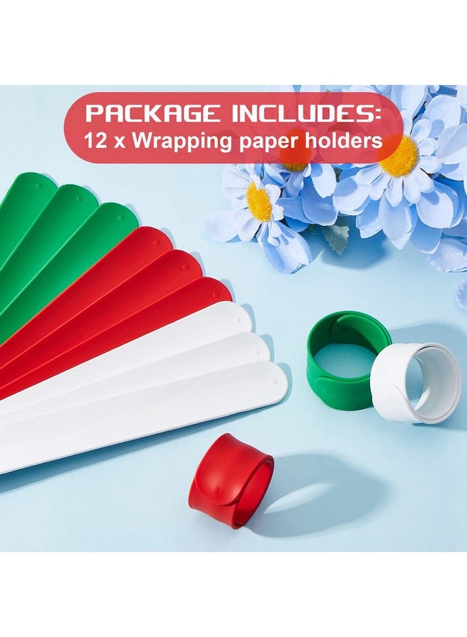 Charniol 12 Pieces Wrapping Paper Roll Holder Holiday Flip Wraps Silicone Covered Metal Strips Flip 1 x 9 Inch Poster Paper Roll Holder Stabilizer Slap Bands for Storage Organization White Red Green - Image 4