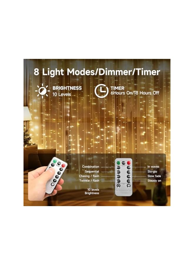The Bros 300 LED Diwali Fairy Curtain Lights with Remote Control 8 Lighting Modes 3x3m USB Plug String Light for Wedding Patio Garden Christmas Wall Decorations Home Garden Bedroom (Warm White)  - Image 4