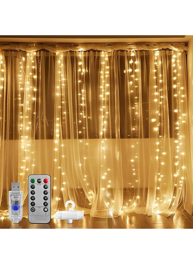 The Bros 300 LED Diwali Fairy Curtain Lights with Remote Control 8 Lighting Modes 3x3m USB Plug String Light for Wedding Patio Garden Christmas Wall Decorations Home Garden Bedroom (Warm White)  - Image 1